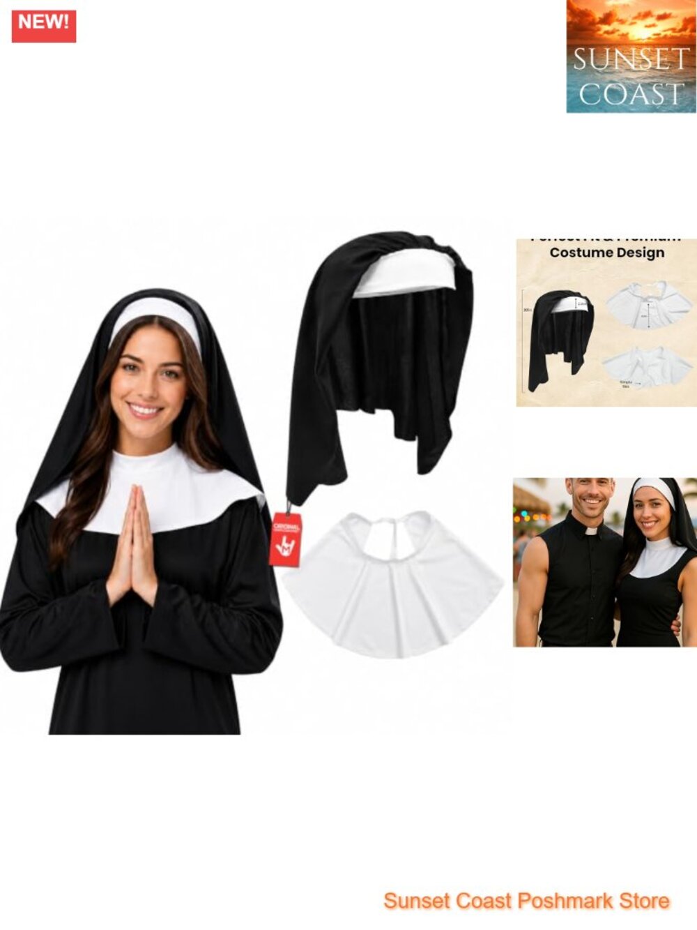 Nun Habit Hat & Collar Set Two-Piece Costume Polyester
